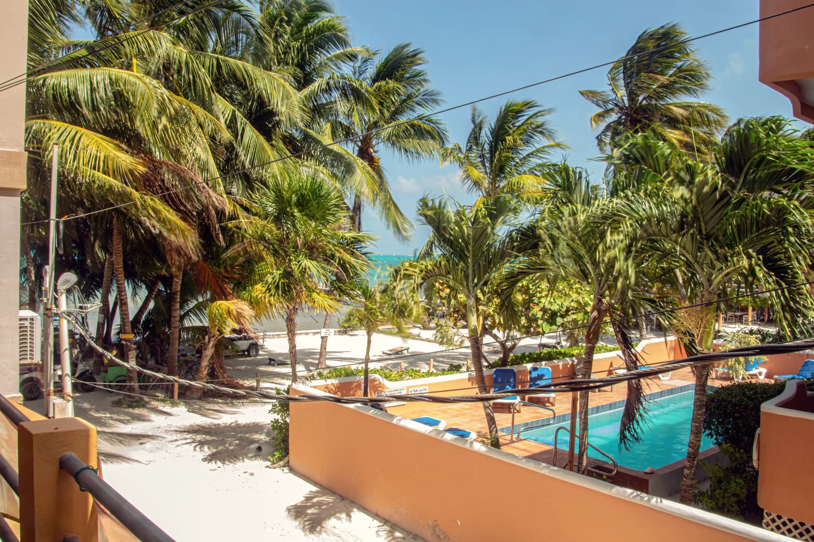 Blick vom Balkon über Palmen, Pool und Karibisches Meer